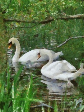 鳥 Painting - 緑の湖の白鳥鳥